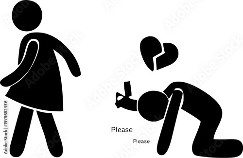 rejection of a marriage proposal vector icon with broken heart and pleading man