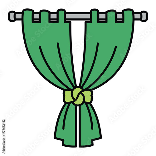 Green curtains tied with a knot on a rod  home decor illustration icon