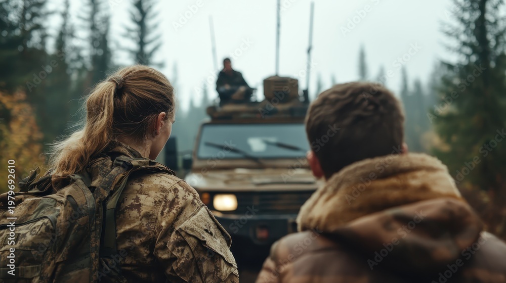Obraz premium Two military personnel approach a camouflaged vehicle in a forested area, highlighting themes of teamwork, strategy, and survival in challenging environments.
