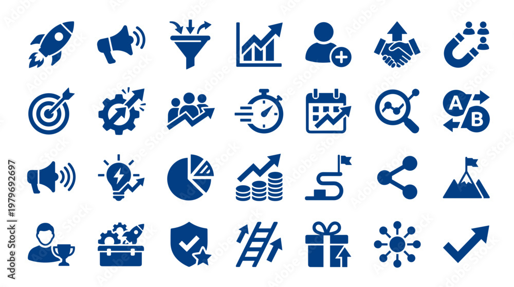 Fototapeta premium Collection of business and finance icons representing growth strategy marketing analytics and success concepts in blue on white background