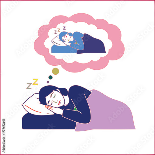 Woman sleeping in bed with a dream bubble showing her sleeping