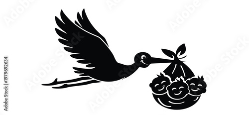 Newborn triplets. Flying stork brings a baby drawing. Stork holding a baby basket. Newborn baby girl or boy. cartoon bird. Stork flying in the sky. Stork carrying a baby silhouette. triplet babies, we