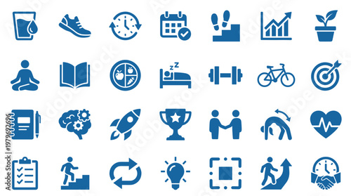 Collection of blue icons representing health wellness and success concepts like fitness goals and personal growth