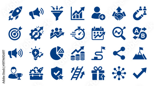 Collection of business and finance icons representing growth strategy marketing analytics and success concepts in blue on white background
