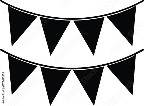 Two rows of black triangular bunting flags hanging on curved strings, silhouette