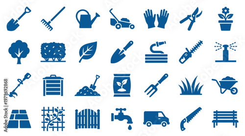 Collection of garden tools and equipment icons representing outdoor maintenance and landscaping activities