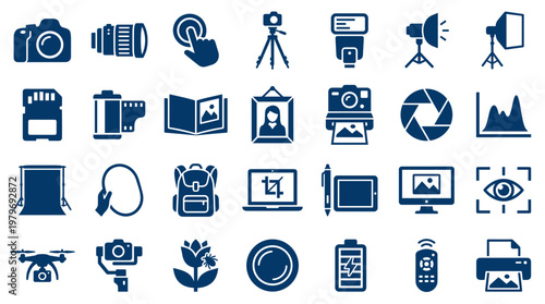 Collection of photography icons and symbols representing camera equipment, accessories, and creative process for digital imaging and visual arts