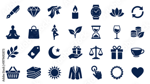 Collection of diverse blue icons representing various concepts like business, lifestyle, wellness, and symbols of success and achievement