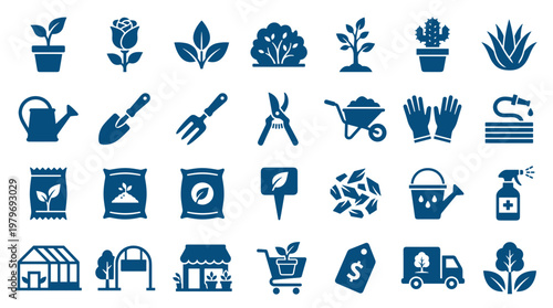 Collection of gardening icons representing plants tools and supplies for cultivation and landscaping projects