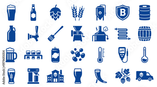 Collection of blue beer and brewing icons representing the craft of making beer from ingredients to final product and serving