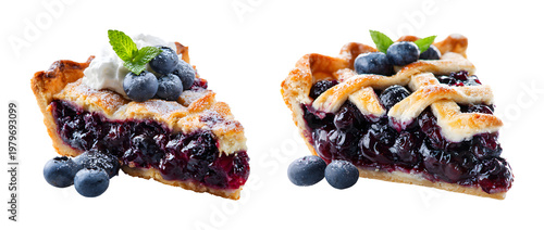 Blueberry pie slices with whipped cream and fresh berries PNG set isolated on transparent background