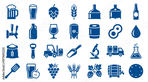 Brewing industry icons set for craft beer production and beverage manufacturing, including ingredients, equipment, and logistics