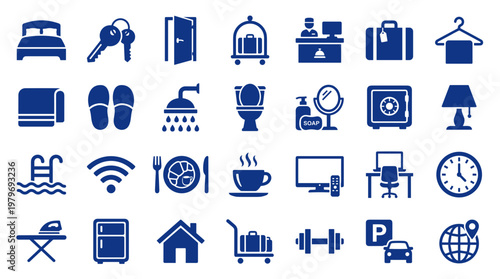 Collection of hotel service icons representing amenities and facilities for guests