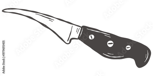 Curved boning knife in hand drawn butcher vintage kitchen style