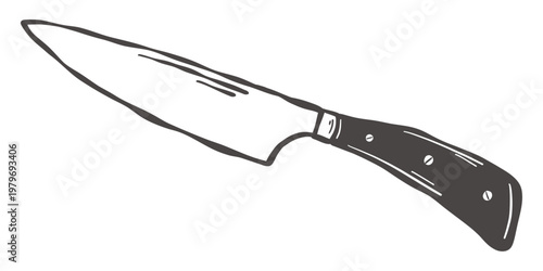 Chef knife for food preparation in hand drawn vintage kitchen style
