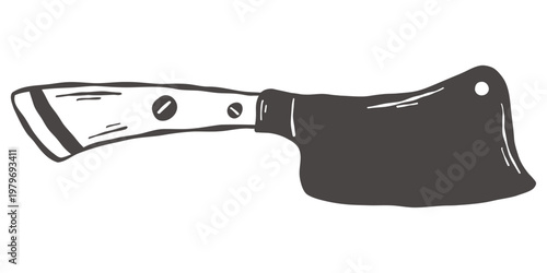 Heavy meat cleaver in hand drawn vintage butcher kitchen style