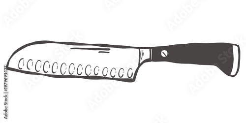 Santoku chef knife for kitchen cutting in hand drawn vintage style