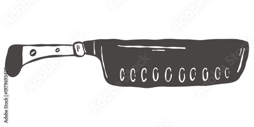 Santoku kitchen knife with granton edge in hand drawn vintage style