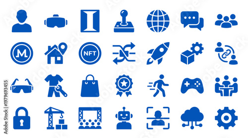 Collection of modern technology and business icons representing digital innovation, gaming, and online services in blue