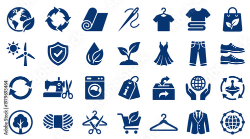 Eco friendly fashion and sustainability icons collection representing recycling green energy and organic clothing production