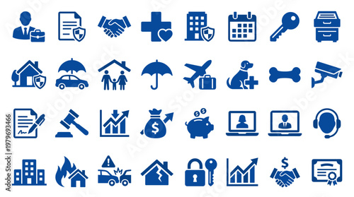 Collection of insurance and finance icons representing security protection risk management and business services on a blue background