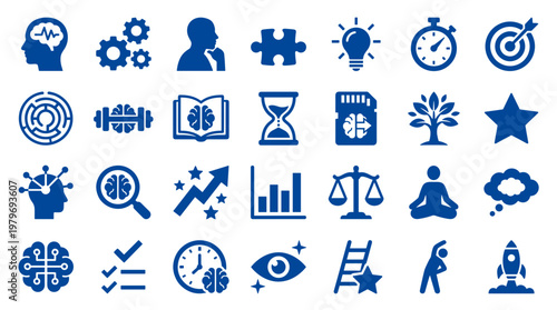Collection of blue icons representing concepts of intelligence, learning, strategy, success, and well-being for business and personal growth