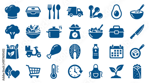 Collection of food and cooking icons representing healthy eating, delivery, and kitchen preparation in a modern flat design style