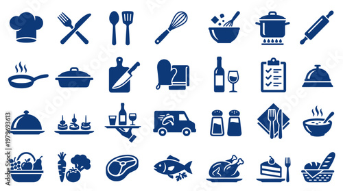 Collection of culinary icons representing cooking tools ingredients and food preparation for restaurant and kitchen services