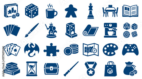 Collection of diverse board game and hobby icons representing leisure activities, strategy, and fun pastimes in a clean blue design