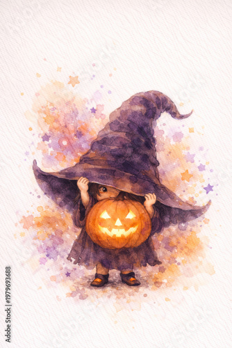 image.pngCute little witch holding glowing pumpkin in whimsical watercolor style, surrounded by magical splashes, stars and dreamy Halloween fantasy atmosphere