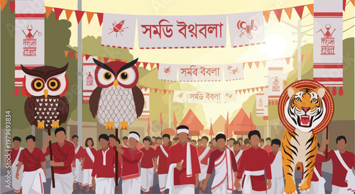 A vibrant cultural procession featuring people in traditional red and white clothing carrying large owl and tiger effigies under festive banners.
