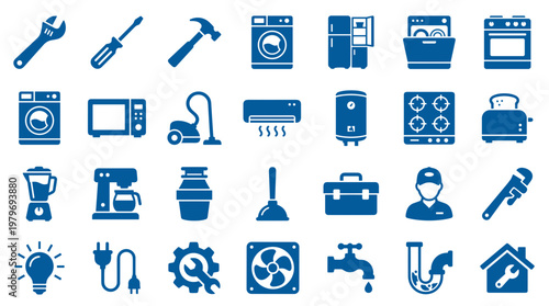 Collection of blue icons representing home appliances tools and repair services for household maintenance and technical assistance