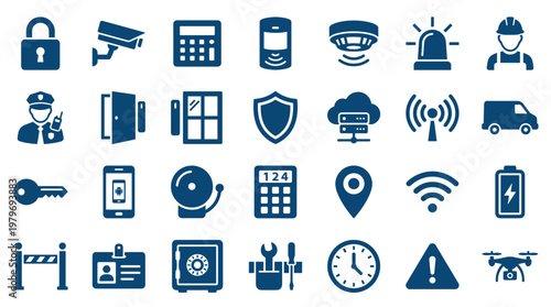 Security and Safety Icons Collection representing protection surveillance access control communication and emergency services for digital and physical environments