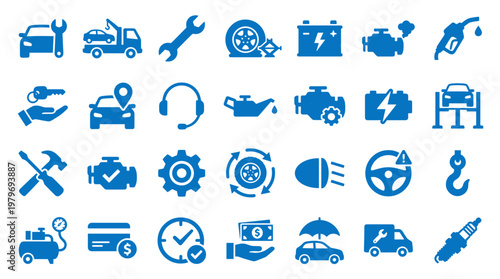 Collection of blue automotive service icons representing car repair maintenance diagnostics towing and roadside assistance concepts