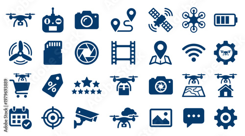 Drone technology icons set for aerial photography, surveillance, delivery, and navigation applications including camera, remote, GPS, and battery symbols
