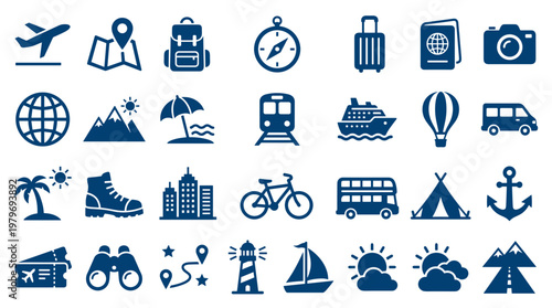 Collection of travel and vacation icons representing transportation accommodation activities and destinations for tourism and adventure planning
