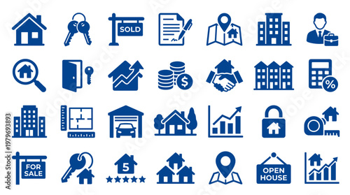 Real estate icons set for property business and home buying or selling services with houses keys and charts
