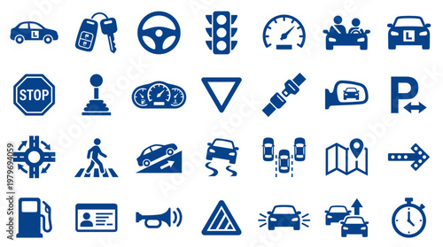 Collection of driving and car related icons representing traffic rules vehicle operation and road safety symbols
