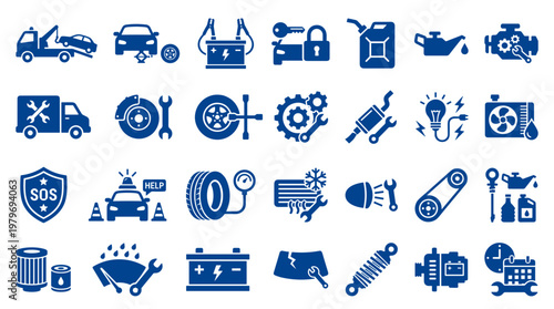 Collection of blue car repair and maintenance service icons representing automotive diagnostics vehicle assistance and mechanical troubleshooting symbols