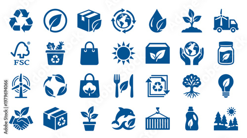 Collection of eco friendly icons representing sustainability recycling nature conservation and green energy solutions for environmental protection and responsible consumption