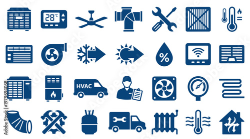 HVAC system icons and symbols for heating ventilation air conditioning services and home climate control technology