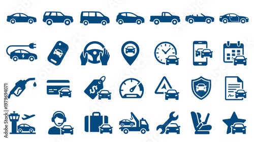 Collection of blue car icons representing various automotive services and transportation concepts like electric vehicles, car sharing, and travel