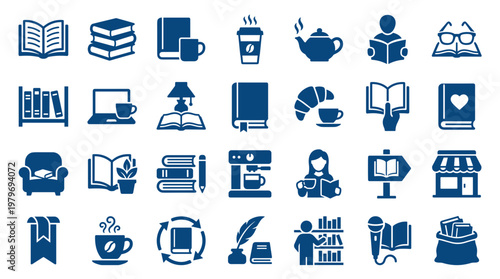 Collection of blue icons representing reading books coffee tea and learning concepts for education and knowledge themes