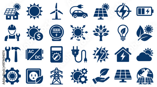 Collection of renewable energy and electricity icons representing sustainable power generation and green technology solutions