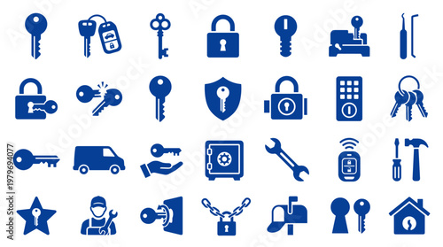 Collection of blue security and access icons representing keys locks safe and tools for protection and access control concepts