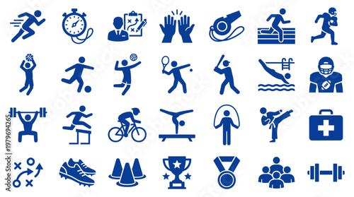 Collection of blue sports icons representing various athletic activities and equipment for fitness and competition concepts