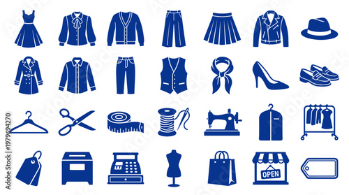 Collection of fashion and clothing store icons in blue, representing garments, accessories, and retail elements for a boutique or online shop