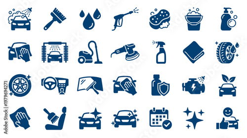Car Wash Service Icons Set Blue Auto Detailing Cleaning Equipment and Symbols for Vehicle Maintenance and Care