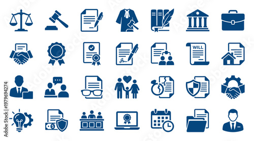 Collection of legal and business icons representing justice law agreement and professional services