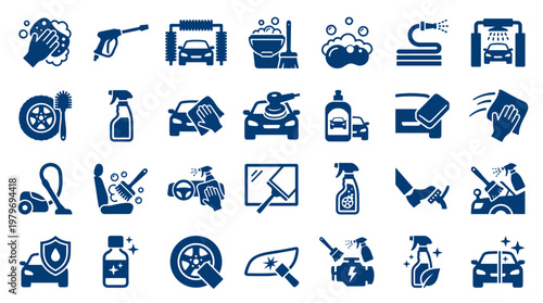 Collection of car wash and auto detailing icons representing cleaning and maintenance services for vehicles